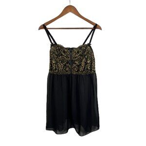 Cacique Chemise Baby Doll Nightgown Sheer Lace Black Gold Glitter Plus‎ Size 18